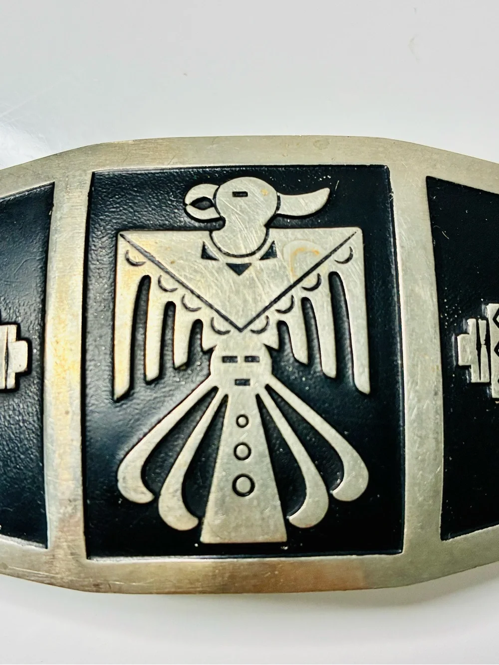 Solid Nickel Silver Native American Thunderbird with 2 Kachinas’s Belt Buckle